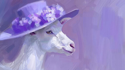  A painting of a goat wearing a purple hat adorned with flowers on its brim against a purple backdrop