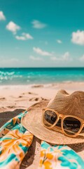 Fototapeta na wymiar A breezy, sunlit scene of a wide-brimmed straw hat and oversized sunglasses resting on a soft, sandy beach, clear blue sky, evoking the ultimate summer relaxation created with Generative AI Technology
