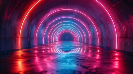 Abstract neon light tunnel background with glowing circular rings and floor reflection. Digital futuristic background for design, hologram effect. Generative AI
