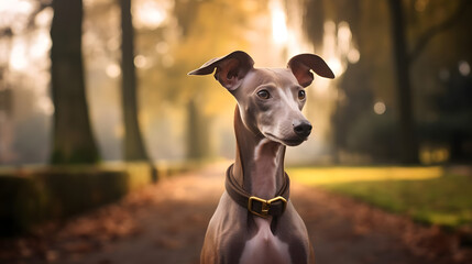 Sleek Italian Greyhound at Gallop in Urban Park. Generated AI