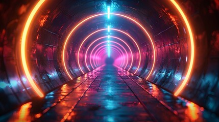 Abstract neon light tunnel background with glowing circular rings and floor reflection. Digital futuristic background for design, hologram effect. Generative AI