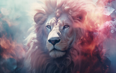 Modern composition of a lion in pastel colors. Blurred background.