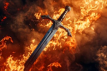 Fiery Sword of Vengeance:A Dramatic Medieval Battle Scene with Blazing Flames and Explosive Energy - obrazy, fototapety, plakaty