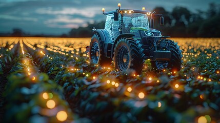 an image depicting AI in agriculture with a hologram of a modern agricultural vehicle. Include ample text copy space for additional information or messaging