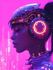 Futuristic Female Cyborg Listening to Pulsing Neon Music in Surreal Digital Realm