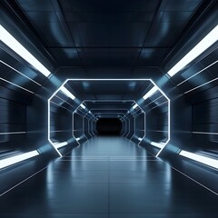 Futuristic Illuminated Metallic Tunnel with Sleek Architectural Design,Expansive and Immersive Digital Sci-Fi Background Scene
