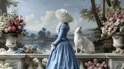  Woman with blue dress, dog in front of wall with flower background
