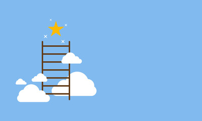 Ladder success step concept. The ladder with clouds and profit gloden star on the sky. Business and career. Aim and goal. Management or strategy for big achievement