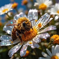 Bee collecting nectar on the petals of a daisy flower