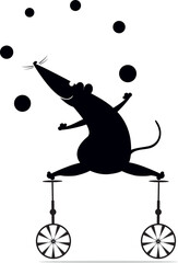 Cute rat or mouse balances on the unicycle.  Cartoon rat or mouse balances on unicycles and juggles the balls. Black and white illustration  © bigmen