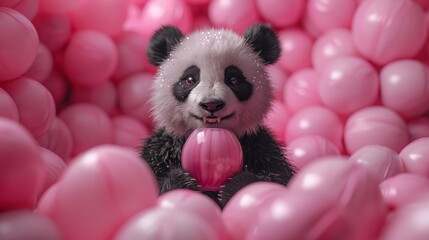Fototapeta na wymiar A panda bear with a pink lollipop, surrounded by pink balloons