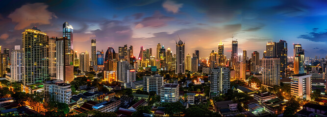 City of Bangkok, Sukhumvit skyline night shot panorama, AI Generative.