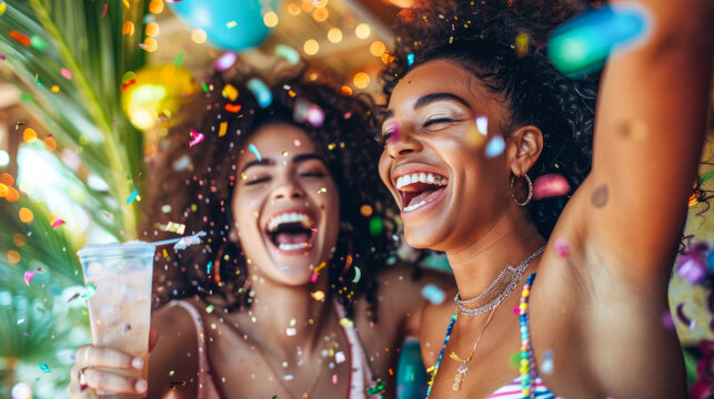An energetic image of two women enjoying a festive atmosphere with colorful confetti and refreshing drinks