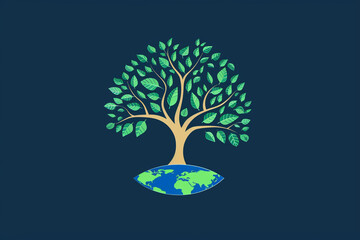 Graphic design of a green tree and blue earth, symbolizing the harmonious relationship between business and nature. - obrazy, fototapety, plakaty