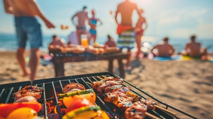 Blurred view of friends enjoying a barbecue on a sunny beach, with grilled food in focus. - obrazy, fototapety, plakaty