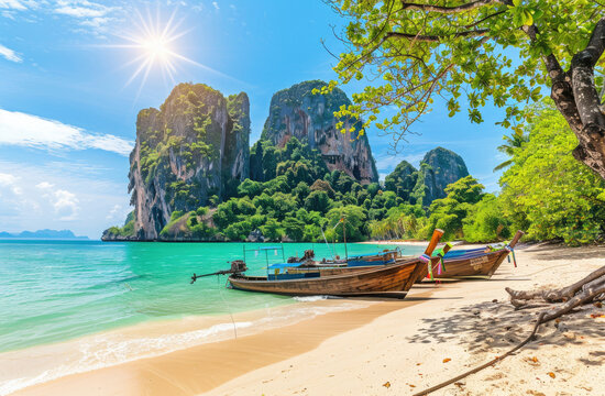 A photo of longtail boats at the white sandy beach in Krabi, Thailand with clear blue water and lush greenery on an island. The sky is bright and sunny, creating a beautiful backdrop for a vacation