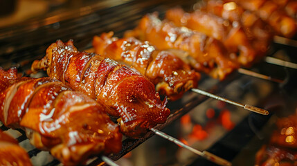 Skewered meats glistening with marinade rotate over coals, showcasing a mouthwatering selection