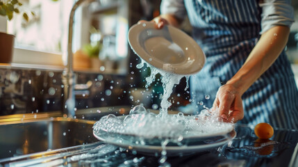 Vibrant image of a person washing dishes with water splashing dynamically above the sink