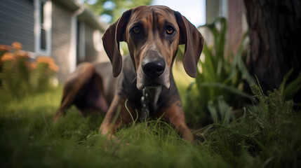 Hound Hybrid, A Curious Jackabee in Residential Backyard. Generated AI