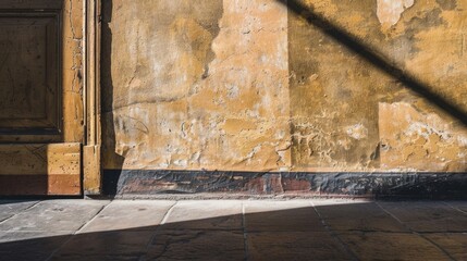 Afternoon sunlight casts a diagonal shadow over the textured surface of an orange wall meeting a stone pavement.