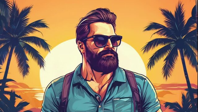 Bearded Hipster Man in Shirt and Glasses. Muscular look stylish hairstyle. Sunset and palm trees in the background. Vector illustration style video