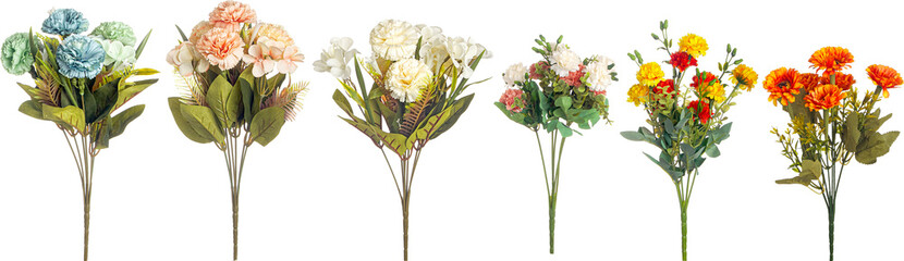 Bouquet of various flowers with different colors on transparent background