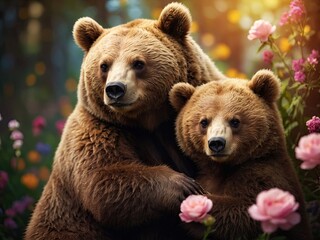 Obraz premium cute mama bear hugging baby bear. Happy mother's day greeting card concept.