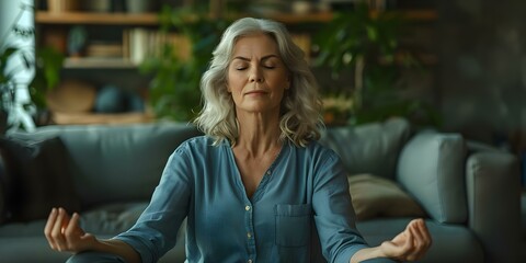 A middle-aged woman finds relaxation through meditation with closed eyes in her living room. Concept Meditation for Relaxation, Middle-Aged Woman, Home Setting, Closed Eyes, Mindfulness Practice