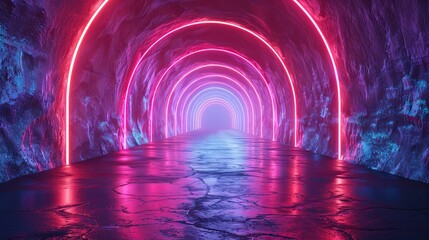 Fototapeta premium 3d render, abstract neon background with colorful glowing light rings in the dark tunnel, empty space for text or product presentation mock up. Generative AI