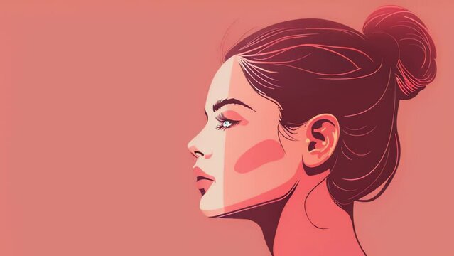 A young woman open eyes and a ray of light slides across her face. Vector style video.