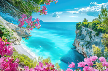 Fototapeta na wymiar Stunning view of Zante Island with a blue lagoon and white beach in Cape, pink flowers on cliffs, luxury boat tour to far islands