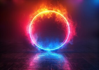 Abstract background with glowing neon light rings on a black background illustration. Glowing circular frame design element for text, logo or title presentation. Generative AI