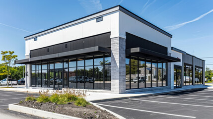 A standalone modern commercial building with a new, empty parking lot in a suburban setting