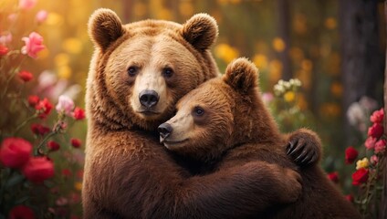 cute mama bear hugging baby bear. Happy mother's day greeting card concept. - obrazy, fototapety, plakaty
