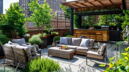 Outdoor Patio With Couch, Table, Chairs, and Grill