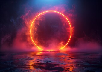 Abstract background with glowing neon light rings on a black background illustration. Glowing circular frame design element for text, logo or title presentation. Generative AI