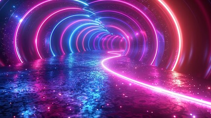 Abstract background with neon light rings in purple and blue colors on a black background, glowing circular lines in a futuristic digital design element for a banner or poster. Generative AI