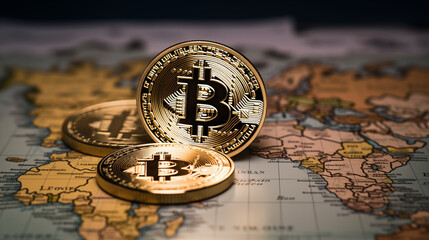 Fototapeta na wymiar Golden Bitcoin Coins on a World Map - Cryptocurrency Global Impact