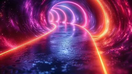 Abstract background with neon light rings in purple and blue colors on a black background, glowing circular lines in a futuristic digital design element for a banner or poster. Generative AI