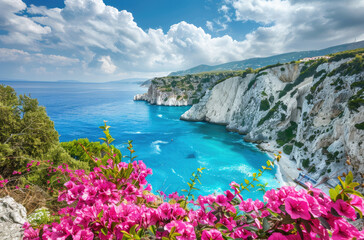 Stunning view of Zante Island with a blue lagoon and white beach in Cape, pink flowers on cliffs,...