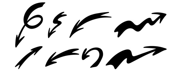 Sketch marker arrows set. Hand drawn brush arrow check mark underline. Vector freehand illustration on white background.