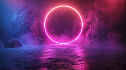 abstract background with neon light rings, purple and blue colors, dark gradient in the center of the circle in the style of black gradient. Generative AI