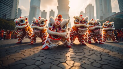 Chinese Lion Dance in Front of City Skyline