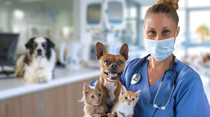 Veterinarian and cute pets on a luxery pet hospital background - obrazy, fototapety, plakaty