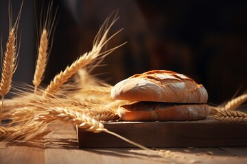 a loaf of bread with wheat ears on a wooden surface - obrazy, fototapety, plakaty