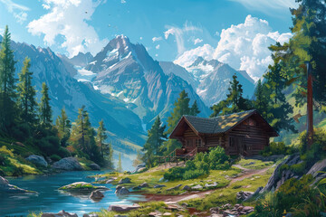 Mountain Retreat: a scene of a cozy cabin nestled in the mountains, surrounded by lush greenery and towering pine trees