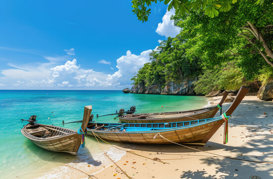 A photo of longtail boats at the white sandy beach in Krabi, Thailand with clear blue water and lush greenery on an island. The sky is bright and sunny, creating a beautiful backdrop for a vacation
