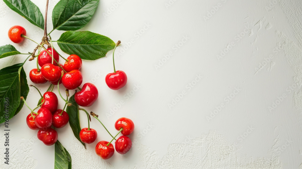 Poster Fresh acerola cherries on plain textured bright background with copy space for text. 