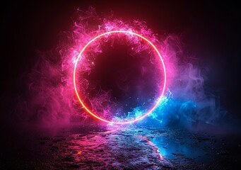 Abstract blue and purple glowing ring frame on a black background illustration design with space for text, 3D rendering effect. Magic circle logo or banner template in the style of science concept. Ge