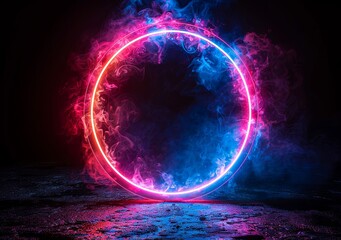 Abstract blue and purple glowing ring frame on a black background illustration design with space for text, 3D rendering effect. Magic circle logo or banner template in the style of science concept. Ge